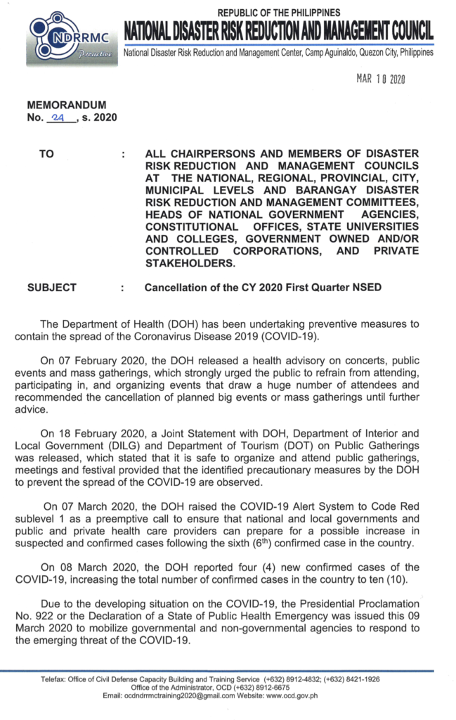 Advisory on the 1st Quarter Nationwide Simultaneous Earthquake Drill